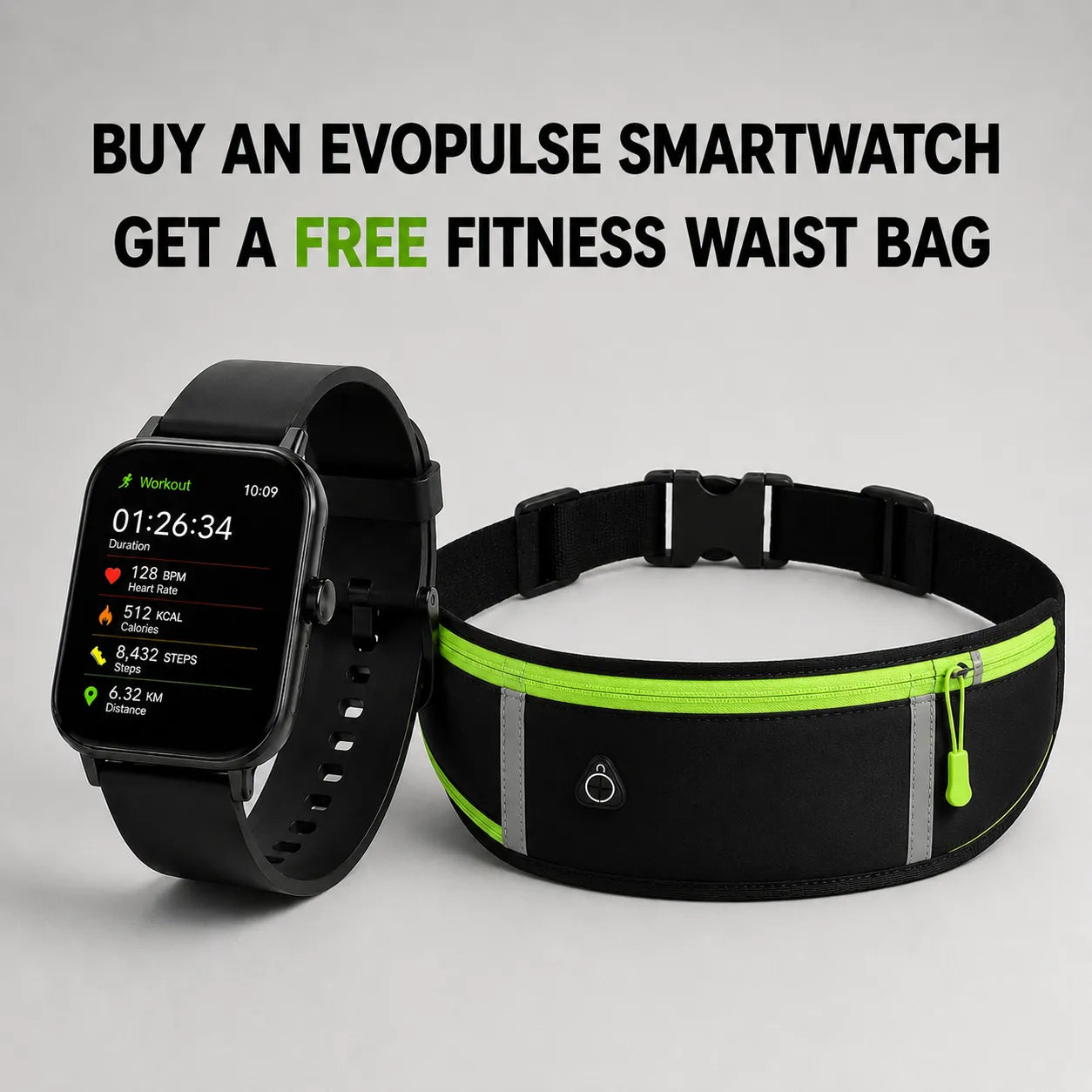 EvoPulse Smartwatch + Free Fitness Waist Bag