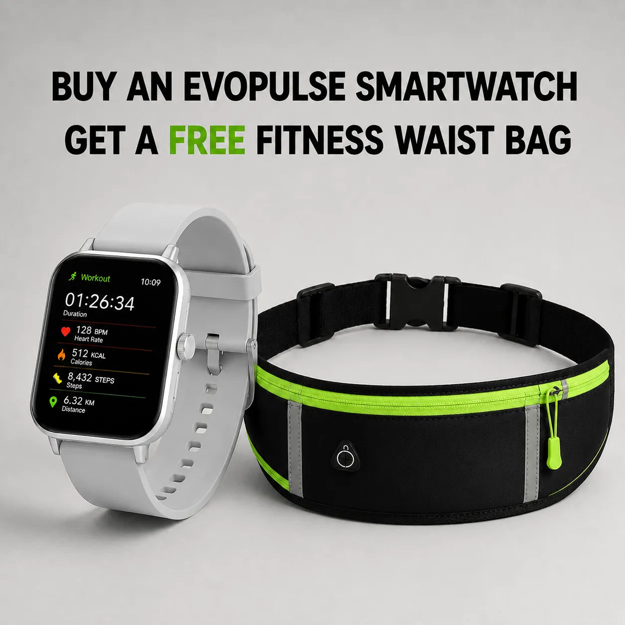 EvoPulse Smartwatch + Free Fitness Waist Bag